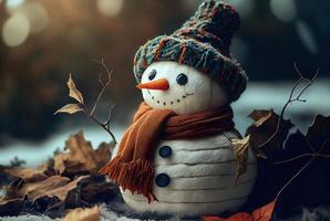boneco de neve feliz no fundo do cenário de inverno foto