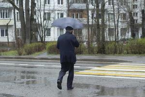 um homem idoso de terno azul com guarda-chuva atravessa a rua em uma passagem para pedestres, vista de trás. um dia chuvoso. tráfego. foto