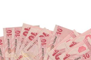 10 contas de liras turcas encontram-se na parte inferior da tela isolada no fundo branco com espaço de cópia. modelo de banner de fundo foto