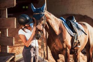 animal está com roupas azuis. amazona de uniforme e capacete protetor preto com seu cavalo foto