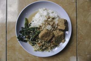 letok ou sambal tumpang, é semelhante ao pecel, comida tradicional do leste e centro de java, indonésia, servida com arroz, tofu, legumes cozidos e ovos. foto