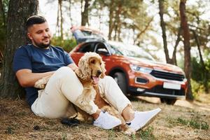 homem se senta perto da árvore com seu cachorro ao ar livre na floresta foto