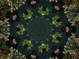 fundo de caleidoscópio abstrato preto com enfeite de folhas para padrão de vibrações de natal foto