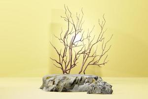 base de rocha 3d pedra amarela realista vazio pódio de exibição para fundo de apresentação de cena de colocação de produto foto