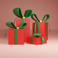 feliz ano novo e feliz natal caixas de presente vermelhas com laços verdes e confetes de lantejoulas amarelas. vista frontal. renderização 3D foto