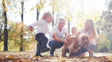 família jovem e alegre com cachorro descansa em um parque de outono juntos foto