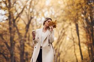 se divertindo com as folhas. retrato de jovem morena que está na floresta de outono durante o dia foto