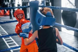 dois meninos em equipamento de proteção lutam e lutam no ringue de boxe foto