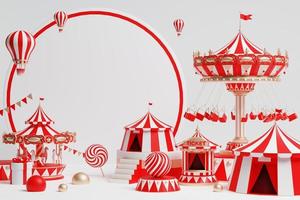 parque de diversões 3d, circo, pódio de tema de feira de carnaval com muitos passeios e lojas ilustração 3d de tenda de circo foto