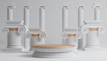 Pódio de luxo 3d com coluna romana para fundo de produto com fundo branco para apresentação de marca ilustração de renderização 3d. foto