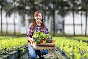 agricultora asiática está carregando a bandeja de madeira cheia de vegetais orgânicos recém-colhidos em seu jardim para a temporada de colheita e conceito de comida de dieta saudável foto