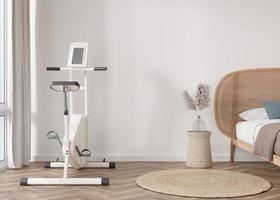 quarto moderno com bicicleta fitness. equipamento desportivo no interior contemporâneo. estilo de vida saudável, esporte, treinamento em casa conceito. Permaneça em forma. academia em casa. renderização 3D. foto