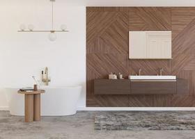 banheiro lindo, leve e moderno. cor branca e textura de madeira. banheira, lavatório. interior de casa em estilo contemporâneo. projeto de banheiro de luxo. projeto de design de interiores. renderização 3D.