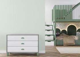 parede verde clara vazia no quarto de criança moderno. mock up interior em estilo escandinavo. copie o espaço para sua foto ou pôster. cama, aparador. quarto aconchegante para crianças. renderização 3D.