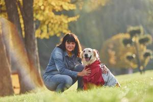 mulher passear com cachorro golden retriever no parque durante o dia foto