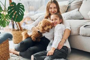 mãe com a filha brincando com cachorro. cachorrinho poodle fofo está dentro de casa na moderna sala doméstica foto