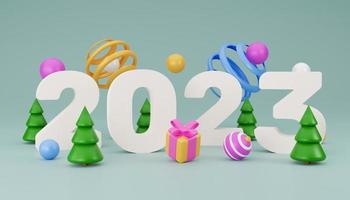 Ilustração de renderização 3d do ano novo de 2023. feliz ano novo 2023. número sinal de renderização 3d realista. decoração realista festiva. comemore o cartaz da festa na web, banner, cartão de capa, brochura, panfleto foto