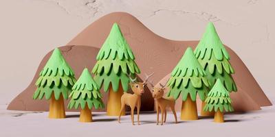 Paisagem de montanha 3D com veados, corça, fulvo em pé na floresta de pinheiros de plasticina isolada em fundo cinza. conceito de ícone de brinquedo de argila, renderização de ilustração 3d foto