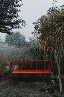 jardim natureza morta com banco de metal vermelho durante a manhã nublada de outono foto