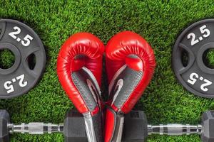 luvas de boxe vermelhas e halteres foto