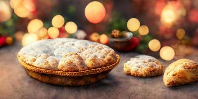 torta de natal e biscoitos com bokeh de luzes de natal foto