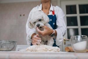 mulher na cozinha amassa a massa com seu cachorro foto