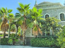 área hoteleira em um país quente e tropical. um pequeno edifício de pedra com torres. palmeiras, arbustos e grama verde ao lado do prédio. área verde bem cuidada foto