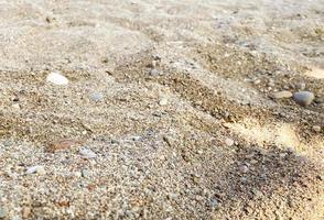 areia na praia com pedras e solo. costa marítima, pequena dispersão de pedras. areia quente perto do mar com água salgada. areia de textura, fundo 3d, plano de fundo foto