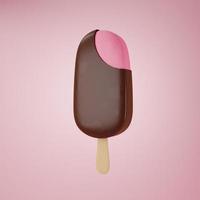 Sorvete de morango de renderização 3D coberto com chocolate escuro, palito de sorvete de morango no fundo rosa foto