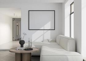 Moldura para retrato horizontal preta vazia na parede branca na moderna sala de estar. mock up interior em estilo contemporâneo. livre, copie o espaço para sua foto, cartaz. sofá, mesa com vaso. renderização 3D.