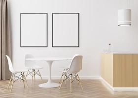 duas molduras verticais vazias na parede branca na moderna sala de jantar. mock up interior em estilo escandinavo contemporâneo. espaço livre para foto, pôster. mesa, cadeiras. renderização 3D. foto