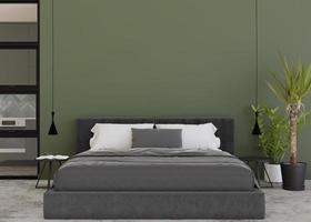 parede verde vazia no quarto moderno e aconchegante. mock up interior em estilo contemporâneo. livre, copie o espaço para sua foto, texto ou outro design. cama, plantas, lâmpadas. renderização 3D. foto