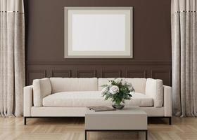 moldura horizontal vazia na parede marrom na moderna sala de estar. mock up interior em estilo clássico. livre, copie o espaço para sua foto, cartaz. sofá, mesa, flores em vaso. renderização 3D.