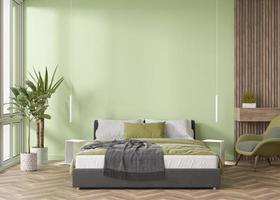 parede verde clara vazia no quarto moderno. mock up interior em estilo contemporâneo. livre, copie o espaço para sua foto, texto ou outro design. cama, poltrona, plantas. renderização 3D.