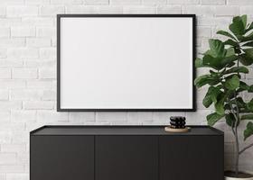 moldura horizontal vazia na parede de tijolo branco na moderna sala de estar. mock up interior em estilo minimalista e contemporâneo. espaço livre para sua foto, pôster. console, vela, planta. renderização 3D. foto