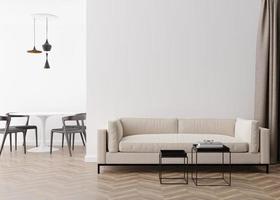 parede branca vazia na moderna sala de estar. mock up interior em estilo contemporâneo. livre, copie o espaço para imagem, pôster, texto ou outro design. sofá, mesa, cadeiras. renderização 3D. foto
