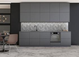 cozinha linda e moderna. móveis de cozinha cinza. interior de casa em estilo loft contemporâneo. mesa de jantar com cadeiras, parede preta. renderização 3D. foto