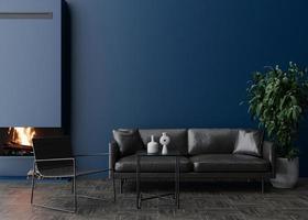 parede azul escura vazia na moderna sala de estar. mock up interior em estilo contemporâneo. espaço livre para foto, pôster. sofá de couro, poltrona, lareira, planta. renderização 3D. foto