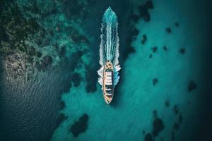 um luxuoso barco flutua serenamente no oceano, rodeado pela beleza do mar e do céu. a fotografia, tirada por um drone, oferece uma perspectiva única sobre a opulência deste refúgio de férias. foto