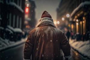 papai noel é visto andando por uma rua movimentada em londres na véspera de natal. a neve está caindo suavemente ao redor dele. luzes e bokeh em segundo plano. foto