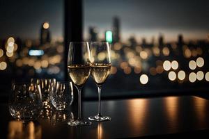 um par de taças de champanhe está sobre uma mesa em frente a uma janela, com vista para o horizonte de uma cidade à noite. o céu está cheio de fogos de artifício coloridos, iluminando o céu noturno. foto