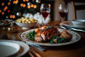 peru de jantar de natal servido e pronto com vinho, luzes de fada e decorações ao fundo foto