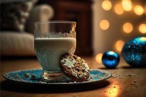 papai noel visitou esta casa na véspera de natal e ficou encantado ao encontrar um lindo biscoito e um copo de leite foto