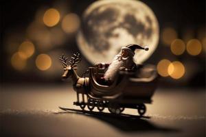 um lindo brinquedo de natal em miniatura do papai noel com lindas luzes de véspera de natal e a lua cheia ao fundo com bokeh de luz de fada foto