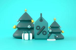 etiquetas de venda de natal, árvore de natal, chapéu de papai noel e caixa de presente. promoção de compras de férias de natal. foto