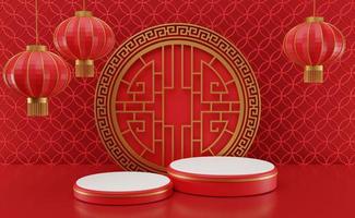 ilustração de renderização 3D ano novo chinês mock up pódios de cilindro, festivais chineses, modelo de pedestal vazio para exibição de produtos decorados, fundo geométrico, conceito de carrinho de cosméticos, abstrato foto