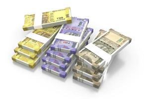 rupia indiana 20, 100, 500 pacotes de notas de moeda isolados no fundo branco - ilustração 3d foto