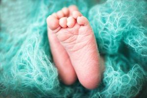 pés de bebê recém-nascido. pernas de crianças embrulhadas em um cobertor azul foto