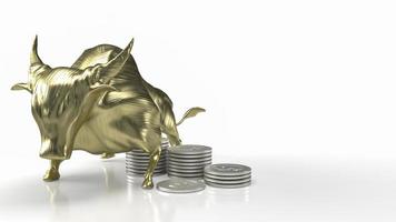o touro dourado e moedas na renderização 3d de fundo branco foto