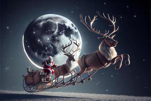 papai noel montando um cervo em um trenó, cartoon 3d feliz natal foto